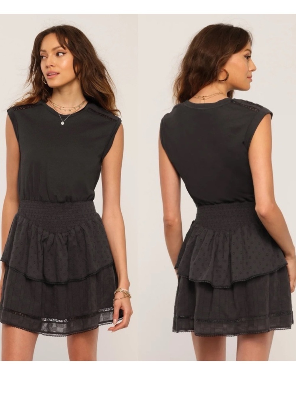 Heartloom Talia Mini Dress Black Smocked Waist Tiered Ruffle Lace Dress S